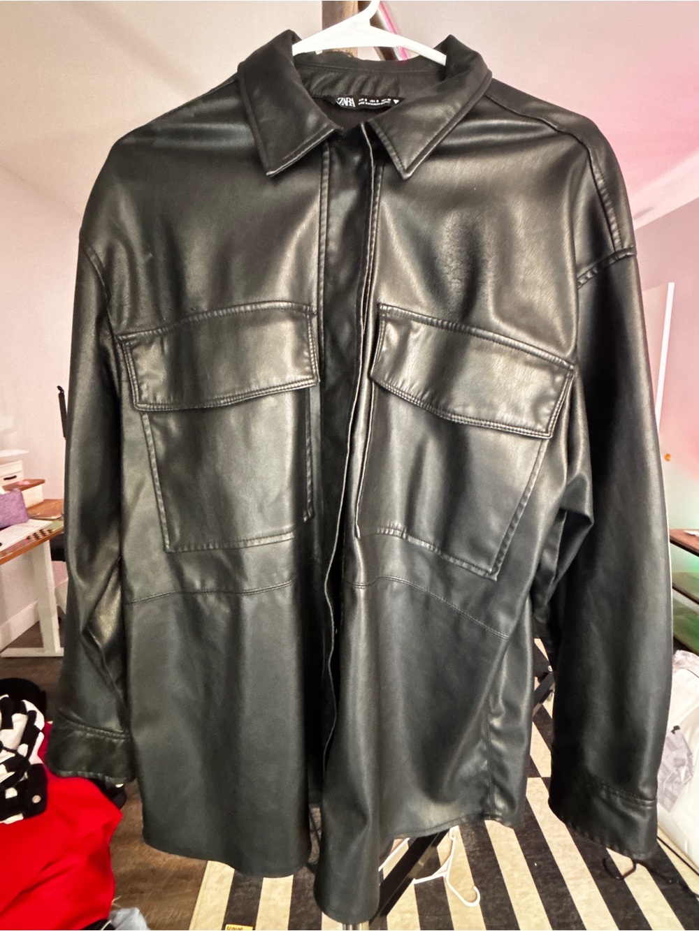 Zara Black Faux Leather Shirt Jacket